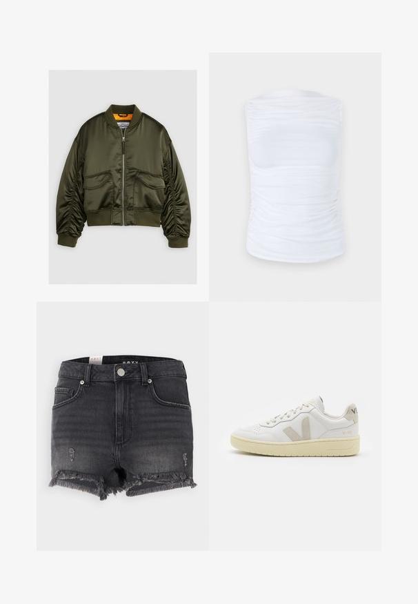 Maslinasto zeleni bomber jakna izrađena od satenske tkanine, s prednjim zatvaračem, rebrastim manžetama i dva prednja džepa. Ukrašena narančastom podstavom.; Bijela bezrukavna majica napravljena od glatkog, rastezljivog materijala s nabr mansionja duž strana, koja ima okrugli izrez i prilagođeni kroj.; Crni traper šorts s razderanim rubom, istaknutim detaljima i metalnim kopčanjem. Ima klasičan dizajn i stil s pet džepova.; Bijele kožne tenisice s bež nubuk naglascima, perforiranim prednjim dijelom, ravnim čipkama i teksturiranom kremastom potplatom. Sadrži suptilni brend na pete.
