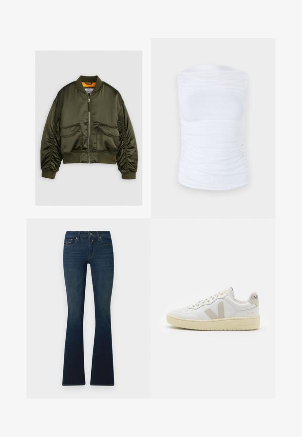 Veste bomber vert olive en satin, avec un zip à l'avant, des poignets côtelés et deux poches avant. Accentuée d'une doublure orange.; Top sans manches blanc en tissu lisse et extensible avec des détails froncés sur les côtés, présentant un col rond et une silhouette cintrée.; Jean évasé bleu foncé en denim, avec une taille à bouton avant, des poches en biais et des détails de couture subtils.; Baskets blanches en cuir avec des accents en daim beige, boîte à orteils perforée, lacets plats et semelle texturée crème. Présente un logo discret au talon.