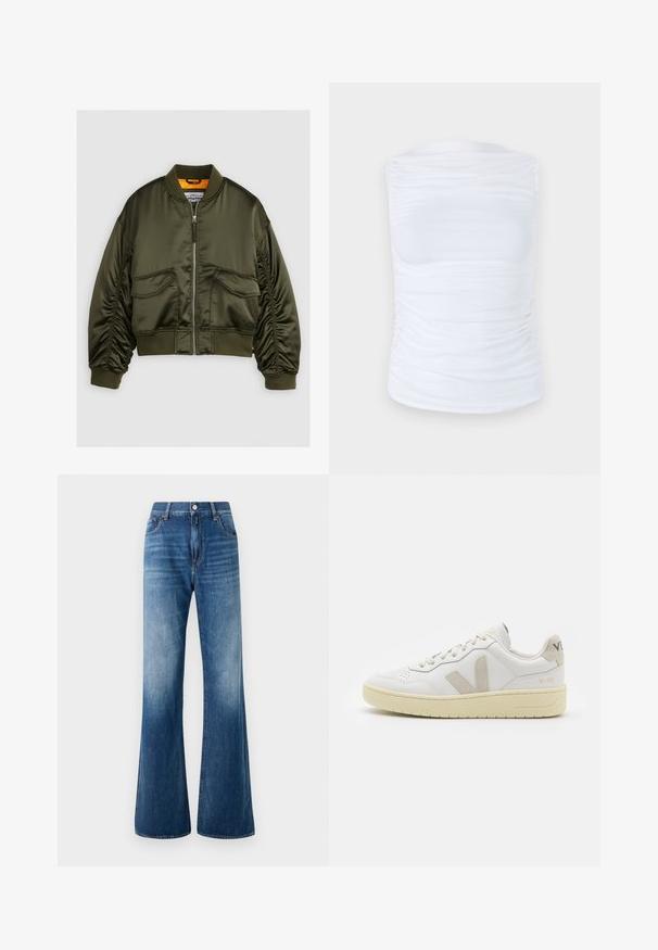 Chaqueta bomber verde oliva hecha de satén, con cierre frontal de cremallera, puños acanalados y dos bolsillos frontales. Acentuada con un forro naranja.; Top blanco sin mangas hecho de una tela suave y elástica con detalles fruncidos a lo largo de los lados, con un escote redondo y una silueta ajustada.; Jeans de denim azul acampanados con un lavado desgastado, diseño de cinco bolsillos, trabillas para cinturón y cierre frontal con botón. Textura suave y corte clásico.; Zapatilla de piel blanca con acentos de ante beige, caja de puntera perforada, cordones planos y suela texturizada en color crema. Cuenta con un branding sutil en el talón.