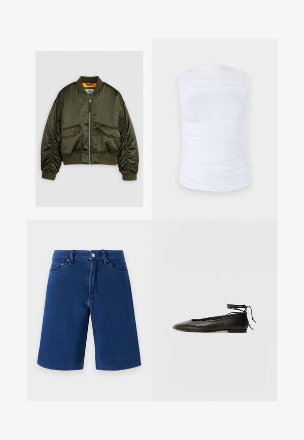 Oliven grønn bomberjakke laget av satengstoff, med glidelås foran, ribbet mansjetter og to frontlommer. Utsmykket med en oransje fôr.; Hvit ermeløs topp laget av glatt, elastisk stoff med rynkedetaljer langs sidene, med rund halslinning og en tettsittende silhuett.; Blå denimshorts med rett snitt, femlommersdesign og synlig midje med metallknapp og beltehemper.; Svarte lær balletflater med spiss tå, ankelbånd og flat såle, som har en glatt tekstur og minimalistisk design.