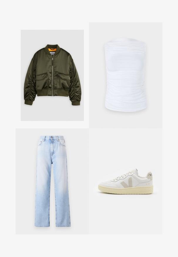 Maslinasto zeleni bomber jakna izrađena od satenske tkanine, s prednjim zatvaračem, rebrastim manžetama i dva prednja džepa. Ukrašena narančastom podstavom.; Bijela bezrukavna majica napravljena od glatkog, rastezljivog materijala s nabr mansionja duž strana, koja ima okrugli izrez i prilagođeni kroj.; Svijetloplave traperice s visokim pojasom, širokim ravnim nogavicama i suptilnim izbljeđenjem. Imaju zatvaranje na gumbe sprijeda i pet džepova.; Bijele kožne tenisice s bež nubuk naglascima, perforiranim prednjim dijelom, ravnim čipkama i teksturiranom kremastom potplatom. Sadrži suptilni brend na pete.