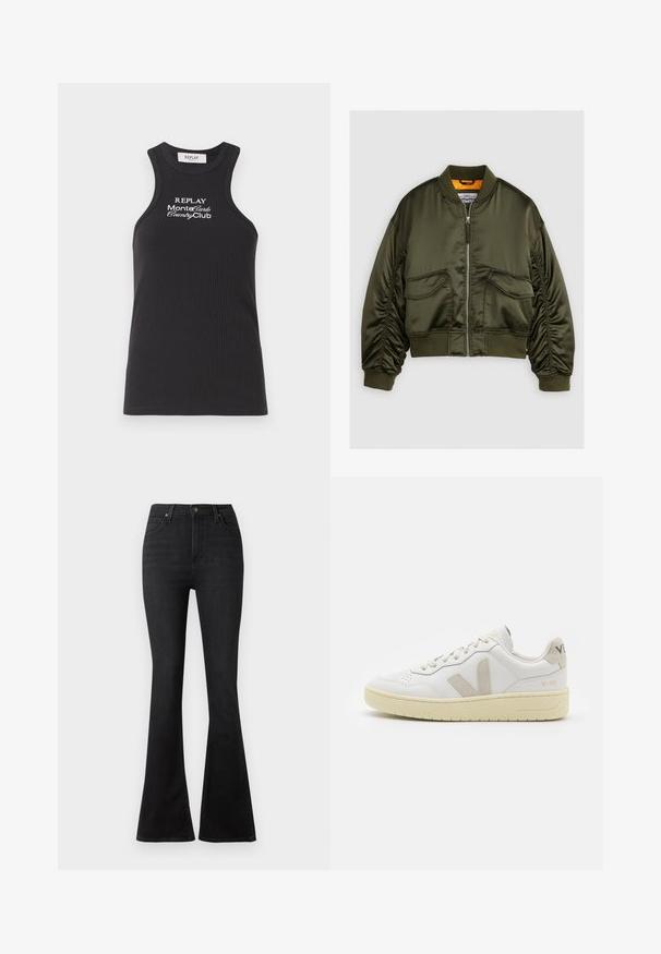 Olivovo zelená bomber bunda vyrobená z saténovej tkaniny, so zipsom na prednej strane, so žebrovanými manžetami a dvoma prednými vreckami. Doplnková s oranžovou podšívkou.; Čierny rebrovaný top s vysokým golierom a dizajnom pretekára. Obsahuje biele vyšívané písmo: "REPLAY MonteCarlo CountryClub."; Čierne rozšírené džínsy z denimu, s vysokým pásom, prednými vreckami a klasickým dizajnom piatich vreciek s kovovými gombíkmi.; Biele kožené tenisky s béžovými semišovými akcentmi, perforovanou špičkou, plochými šnúrkami a textúrovanou krémovou podrážkou. Obsahujú jemné označenie na päte.