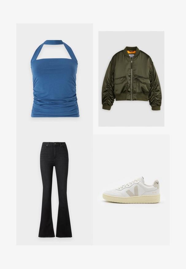 Oliven grønn bomberjakke laget av satengstoff, med glidelås foran, ribbet mansjetter og to frontlommer. Utsmykket med en oransje fôr.; Blå halterneck-top med rett halslinje, med sammenkrøllede sidedele og brede stropper. Lavet af blødt, glat stof.; Svart utsvängde jeans laget av denim, med høy midje, frontlommer og et klassisk fem-lommers design med metalldetaljer.; Hvite lær sneakers med beige semsket detaljer, perforert tåboks, flate lisser og en teksturert kremfarget såle. Har subtil branding på hælen.