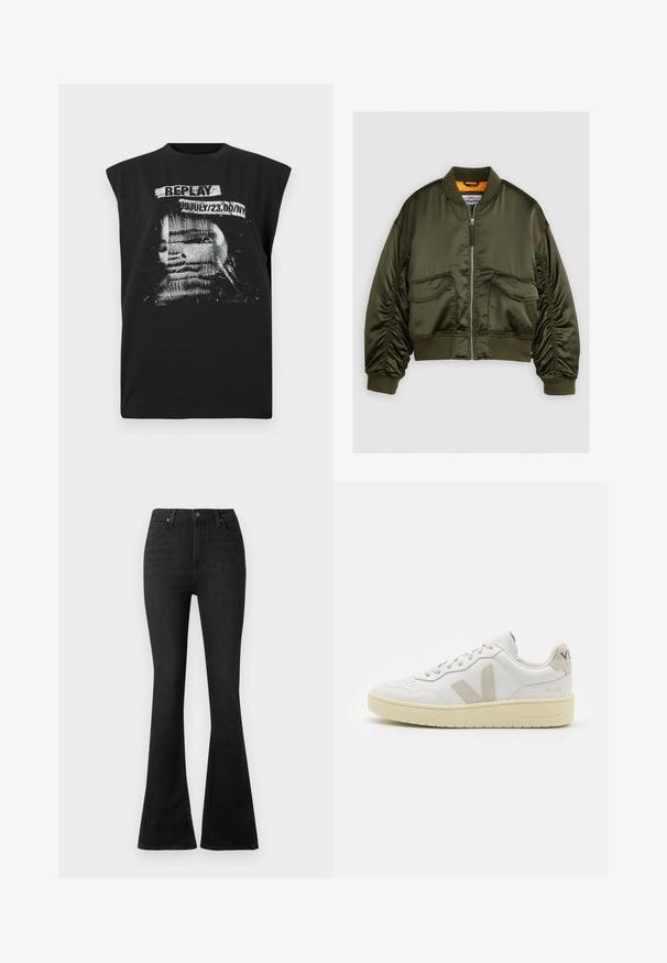 Olivinė bomber tipo striukė, pagaminta iš satino audinio, su užtrauktuku priekyje, raštuotomis rankovėmis ir dviem priekinėmis kišenėmis. Pabrėžta oranžine pamušalo spalva.; Replay Viršus - blackboard; Juodi plati džinsai, pagaminti iš denimo, su aukšta talija, priekiniais kišeniais ir klasikiniu penkių kišenėmis dizainu su metaliniais mygtukais.; Balti odiniai sportbačiai su kreminiais zomšos akcentais, perforuota pirštų dalimi, plokščiomis raišteliais ir struktūruota kreminėmis padomis. Ant kulno yra subtilus ženklinimas.