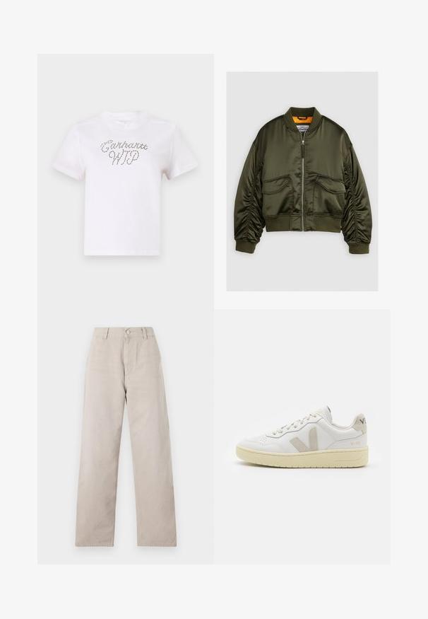 Chaqueta bomber verde oliva hecha de satén, con cierre frontal de cremallera, puños acanalados y dos bolsillos frontales. Acentuada con un forro naranja.; Camiseta blanca de algodón con mangas cortas y cuello redondeado, que presenta un estampado de texto decorativo en un diseño ondulado de color gris claro.; Pantalones rectos beige hechos de algodón suave. Cuenta con un cierre de botón, trabillas para el cinturón y bolsillos laterales. Diseño simple y limpio.; Zapatilla de piel blanca con acentos de ante beige, caja de puntera perforada, cordones planos y suela texturizada en color crema. Cuenta con un branding sutil en el talón.