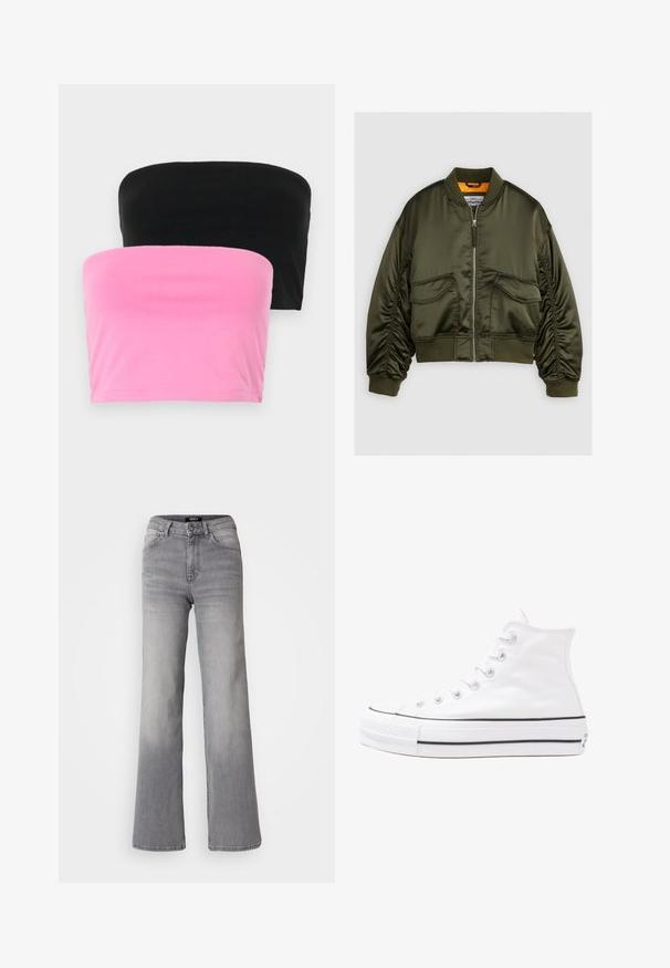 Maslinasto zeleni bomber jakna izrađena od satenske tkanine, s prednjim zatvaračem, rebrastim manžetama i dva prednja džepa. Ukrašena narančastom podstavom.; Dva straples topa u crnoj i ružičastoj boji. Izrađeni od glatkog pamuka, imaju jednostavan dizajn s rastezljivim krojem i bez kopčanja.; Sive traperice visokog struka ravnog kroja, s prednjim gumbom i patentnim zatvaračem, prednjim i stražnjim džepovima te izblijedjelim nijansama na bedrima i listovima.; Bijela visoka platnena tenisica s crnom gumenom potplatom, prednjim gumenim zaštitnikom prstiju i šest rupa za vezanje, s čistim, minimalističkim dizajnom.