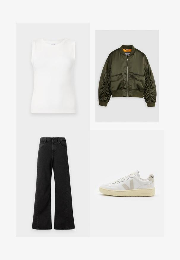 Olíva zöld bomberdzseki selyem anyagból, cipzáras elülső részével, bordázott mandzsettáival és két első zsebével. Narancssárga béléssel kiemelve.; Fehér, ujjatlan felső bordás anyagból, kerek nyakkivágással és testhezálló fazonnal, további minták vagy díszítések nélkül.; Magas derekú fekete farmernadrág, széles szárú dizájnnal, elülső zsebekkel és gombos derékkal.; Fehér bőr sneaker bézs velúr részletekkel, perforált orr résszel, lapos fűzőkkel és textúrált krémszínű talppal. Finom márkajelzés található a sarkán.