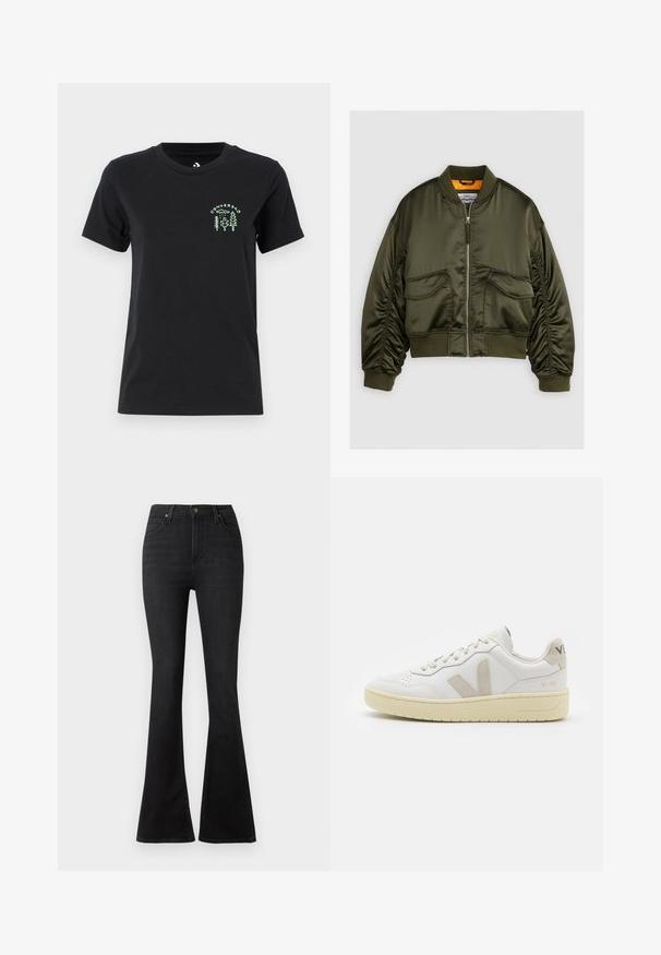 Olivinė bomber tipo striukė, pagaminta iš satino audinio, su užtrauktuku priekyje, raštuotomis rankovėmis ir dviem priekinėmis kišenėmis. Pabrėžta oranžine pamušalo spalva.; Converse FOREST ART TEE - Marškinėliai su spaudiniu - black; Juodi plati džinsai, pagaminti iš denimo, su aukšta talija, priekiniais kišeniais ir klasikiniu penkių kišenėmis dizainu su metaliniais mygtukais.; Balti odiniai sportbačiai su kreminiais zomšos akcentais, perforuota pirštų dalimi, plokščiomis raišteliais ir struktūruota kreminėmis padomis. Ant kulno yra subtilus ženklinimas.