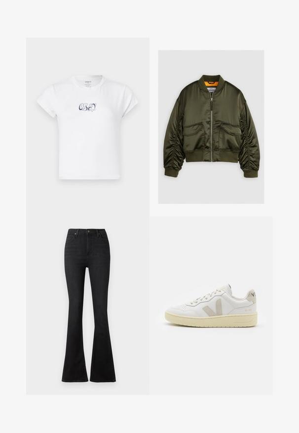 Maslinasto zeleni bomber jakna izrađena od satenske tkanine, s prednjim zatvaračem, rebrastim manžetama i dva prednja džepa. Ukrašena narančastom podstavom.; Bjela pamučna majica s kratkim rukavima i okruglim izrezom, s tamnoplavim grafičkim tekstom "OBEY" na prednjoj strani. Glatka tekstura.; Crne široke traperice s visokim strukom, prednjim džepovima i klasičnim dizajnom s pet džepova uz metalne dugmadi.; Bijele kožne tenisice s bež nubuk naglascima, perforiranim prednjim dijelom, ravnim čipkama i teksturiranom kremastom potplatom. Sadrži suptilni brend na pete.