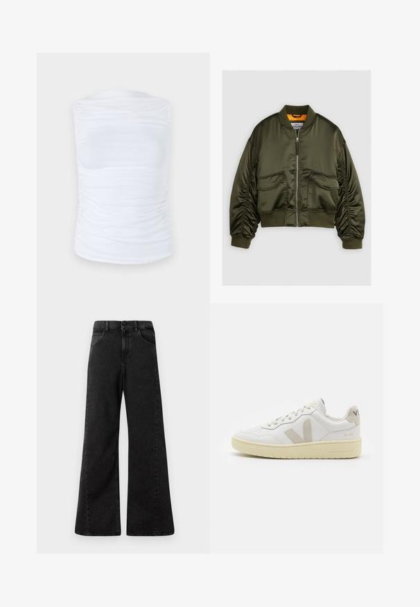 Oliven grønn bomberjakke laget av satengstoff, med glidelås foran, ribbet mansjetter og to frontlommer. Utsmykket med en oransje fôr.; Hvit ermeløs topp laget av glatt, elastisk stoff med rynkedetaljer langs sidene, med rund halslinning og en tettsittende silhuett.; Høyt liv svarte denimjeans med bred bendesign, med frontlommer og knappelukking i midjen.; Hvite lær sneakers med beige semsket detaljer, perforert tåboks, flate lisser og en teksturert kremfarget såle. Har subtil branding på hælen.
