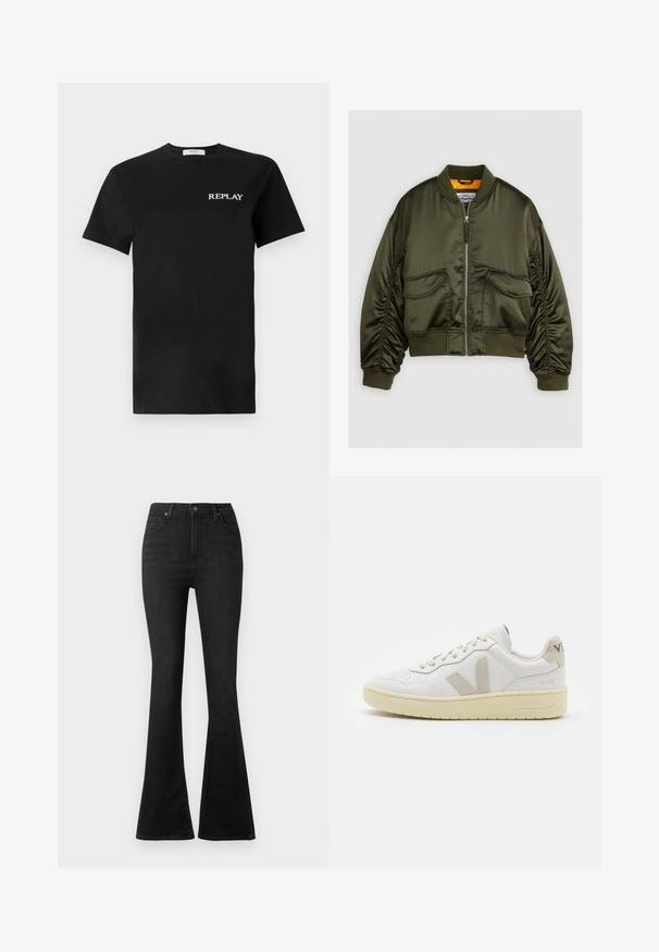 Olive green bomber jacket made from satin fabric, featuring a zip-up front, ribbed cuffs, and two front pockets. Accented with an orange lining.; Black cotton t-shirt with short sleeves, featuring a white "REPLAY" logo on the left chest. Classic crew neck design.; Black flared jeans made of denim, featuring a high waist, front pockets, and a classic five-pocket design with metal button hardware.; White leather sneaker with beige suede accents, perforated toe box, flat laces, and a textured cream sole. Features subtle branding on heel.