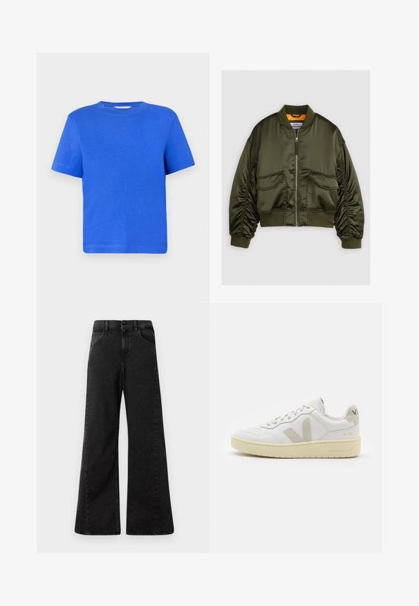 Olivinė bomber tipo striukė, pagaminta iš satino audinio, su užtrauktuku priekyje, raštuotomis rankovėmis ir dviem priekinėmis kišenėmis. Pabrėžta oranžine pamušalo spalva.; Mėlynas trumpomis rankovėmis marškinėliai iš medvilnės. Turintys apvalų iškirpimą ir paprastą, vientisos spalvos dizainą. Sklandus paviršius, laisvas kirpimas.; Aukštos juosmens juodos džinsinės kelnes su plačiomis kojomis, turinčios priekinės kišenes ir sagą juosmens srityje.; Balti odiniai sportbačiai su kreminiais zomšos akcentais, perforuota pirštų dalimi, plokščiomis raišteliais ir struktūruota kreminėmis padomis. Ant kulno yra subtilus ženklinimas.