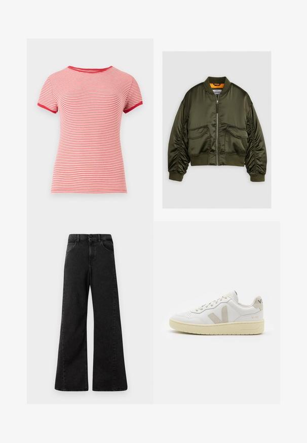 Olivinė bomber tipo striukė, pagaminta iš satino audinio, su užtrauktuku priekyje, raštuotomis rankovėmis ir dviem priekinėmis kišenėmis. Pabrėžta oranžine pamušalo spalva.; Raudonai ir baltai dryžuota trumpomis rankovėmis marškinėliai su apvaliu iškirpimu ir kontrastingais raudonais apvadu ant rankovių bei apykaklės, pagaminti iš krumpliuočių audinio.; Aukštos juosmens juodos džinsinės kelnes su plačiomis kojomis, turinčios priekinės kišenes ir sagą juosmens srityje.; Balti odiniai sportbačiai su kreminiais zomšos akcentais, perforuota pirštų dalimi, plokščiomis raišteliais ir struktūruota kreminėmis padomis. Ant kulno yra subtilus ženklinimas.