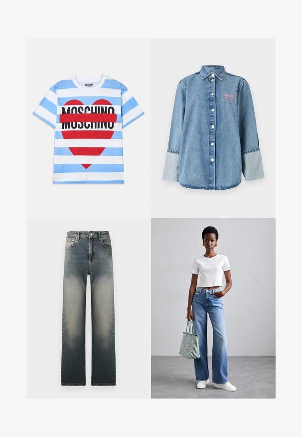 Světle modrá denimová košile s knoflíkovou přední částí, špičatým límcem a vyšitým růžovým logem "Moschino Jeans" na levé části hrudi.; Pruhované tričko ve světle modré a bílé barvě s grafickým motivem červeného srdce a textem "MOSCHINO" tučným černým písmem uprostřed. Bavlněný materiál.; Džínsy s vysokým pasem a rovnými nohavicemi se světlým a tmavým denimovým ombré a klasickým pětipocket designem.; Bílý proužkovaný krátký tričko, světle modré široké džíny a bílé tenisky. Drží zelenou a bílou pruhovanou tašku.