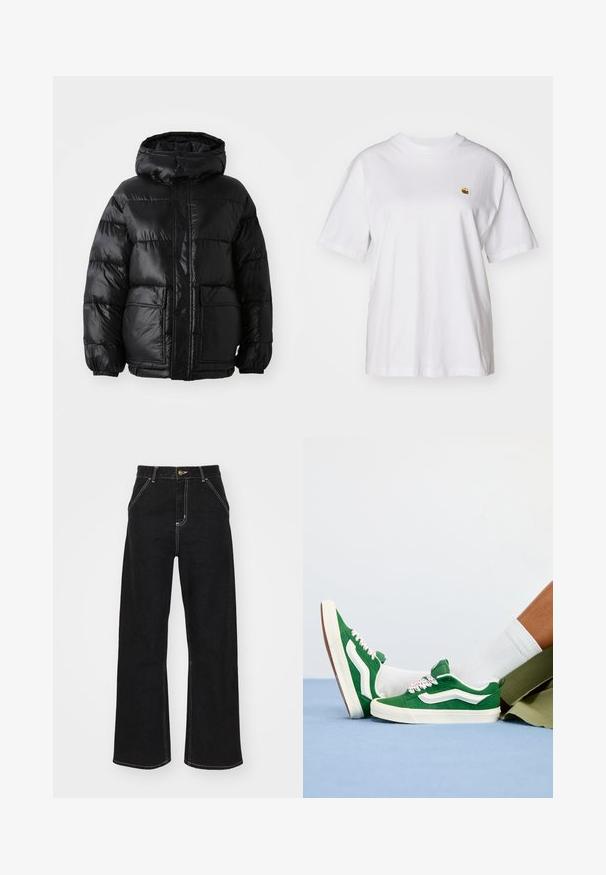 Casaco puffer preto com capuz, apresentando um acabamento brilhante, punhos elásticos, fecho frontal com botões e dois grandes bolsos à frente.; T-shirt branca de algodão com um corte descontraído, mangas curtas e um pequeno logótipo bordado na área do peito esquerdo.; Calças de ganga largas pretas, com costuras brancas em contraste e fecho frontal com botão, apresentando dois bolsos frontais inclinados.; Ténis de camurça verde com detalhes brancos, atacadores texturizados com pormenores em rosa e sola de borracha bege, usados com meias brancas e calções verdes.