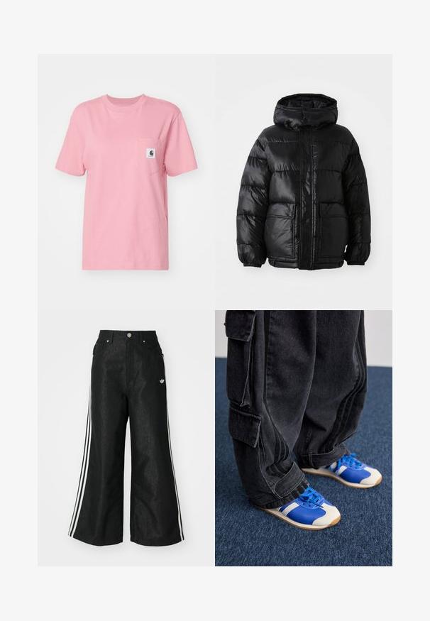 Black puffer jacket with a hood, featuring a glossy finish, elastic cuffs, front button closure, and two large patch pockets.; Carhartt WIP POCKET - Basic T-shirt - dusty rose; Black wide-leg denim pants with three white stripe accents on each side and a small white logo. Features front pockets and a button closure.; Person wearing loose black cargo pants and blue and white sneakers standing on dark blue carpet.