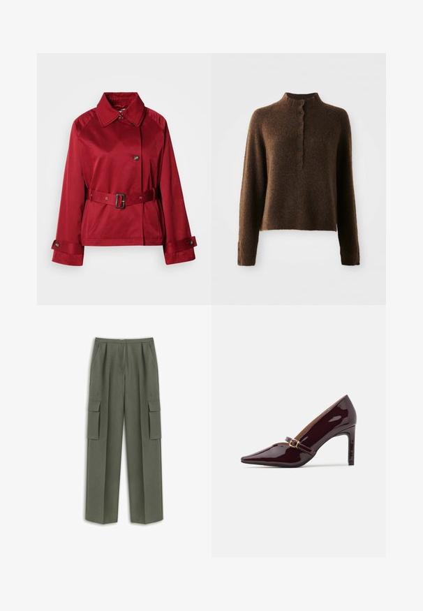 Red, belted jacket with a collared neckline, large front button, and structured sleeves. Made of smooth fabric with a sleek finish.; Brown fuzzy knit sweater with long sleeves, a high ribbed collar, and a button placket with six black buttons on front and cuffs.; Green cargo pants with a straight fit, featuring two large side pockets and a textured fabric. Pleated front detail enhances structure.; Patent burgundy high heel shoe with pointed toe, ankle strap featuring gold hardware, and a sleek, polished finish. Elevated stiletto heel.