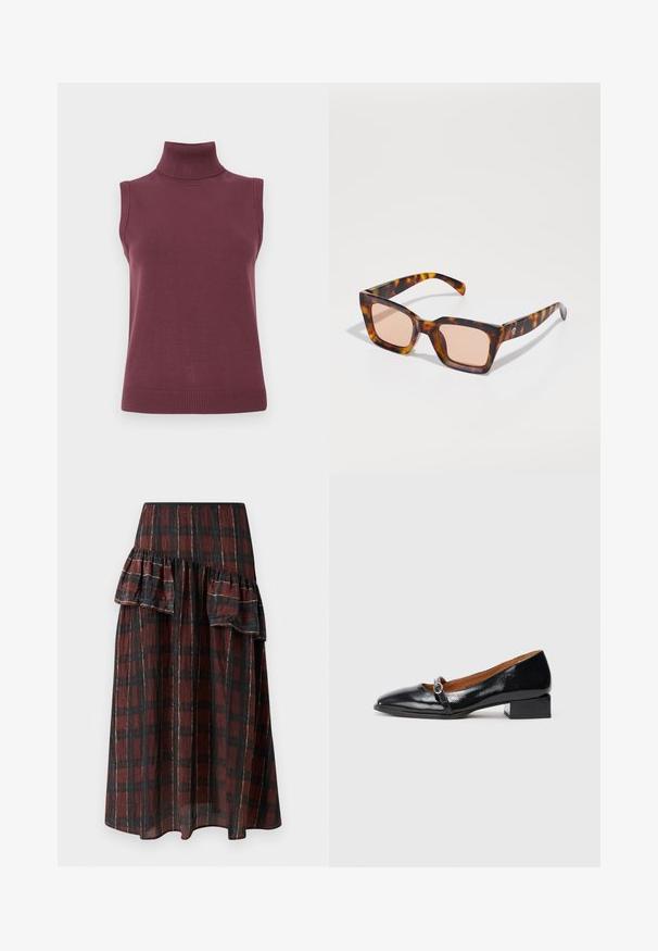 Rote Jacke mit Gürtel, kragenloser Halslinie, großem Vorderknopf und strukturierten Ärmeln. Hergestellt aus glattem Stoff mit einer eleganten Oberfläche.; Ärmelloser weinroter Rollkragensweater mit geripptem Kragen, Armausschnitten und Saum, auf einem weißen Hintergrund präsentiert.; Maxi-Rock in dunkelrot-schwarz kariertem Muster, mit mehreren Rüschen an der Taille, aus leichtem Stoff mit weicher Textur gefertigt.; Schwarze Lackleder-Schuhe mit niedrigem Absatz, spitzer Zehenform und einem dekorativen Riemen mit einer kreisförmigen silbernen Schnalle. Flacher Blockabsatz.; Quadratische Sonnenbrillen mit einem Schildpatt-Muster, ausgestattet mit rosafarbenen Gläsern und schlanken Bügeln. Metall-Logodetail auf einer Seite.