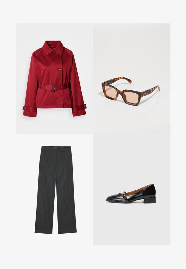 Jachetă roșie cu curea, guler, nasture mare în față și mâneci structurate. Fabricată dintr-un material neted cu un finisaj elegant.; Top negru cu dungi fine, cu bretele subțiri, având închidere cu nasturi și două buzunare laterale, realizat dintr-un material neted.; Pantaloni largi de culoare gri închis, confecționați dintr-un material texturat, având un front plat, bucle pentru curea și o terminare curată la tiv.; Pantofi din piele lacuită negri, cu toc joasă și vârf ascuțit, decorati cu o curea ornamentală cu o cataramă circulară din argint. Toc plat de tip bloc.; Ochelari de soare dreptunghiulari cu un model de țestoasă, având lentile de culoare roz și brațe elegante. Detaliu cu logo din metal pe un lateral.