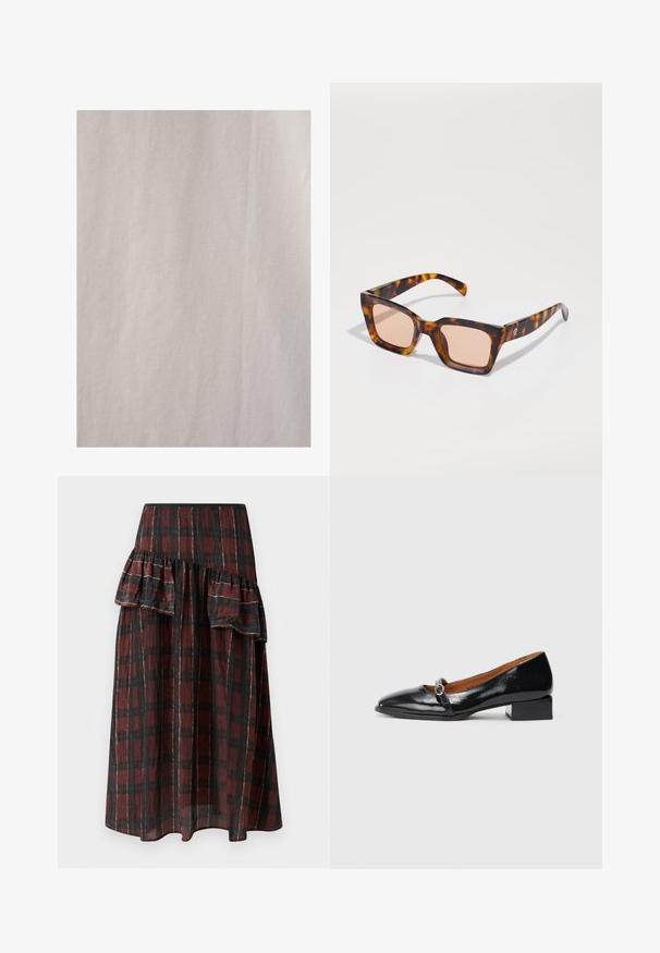 Punainen, vyöllinen takki, jossa on kauluksellinen kaula-aukko, suuri etupainike ja jämäkät hihat. Valmistettu sileästä kankaasta, joka on kiiltävä.; Touché Privé RIBBED - Paitapusero - Beige; Maxihame vaaleanpunaisessa ja mustassa ruutukuviossa, jossa on kerrostettuja röyhelöitä vyötäröllä, valmistettu kevyestä kankaasta, jolla on pehmeä rakenne.; Musta lakattu matalapohjainen kengät, joissa on terävä kärki ja koristeellinen hihna, jossa on pyöreä hope buckle. Tasapohjainen korko.; Neliönmuotoiset aurinkolasit, joissa on kilpikonnakuosi, vaaleanpunaiset linssit ja suorat varret. Metallinen logoyksityiskohta toisella puolella.