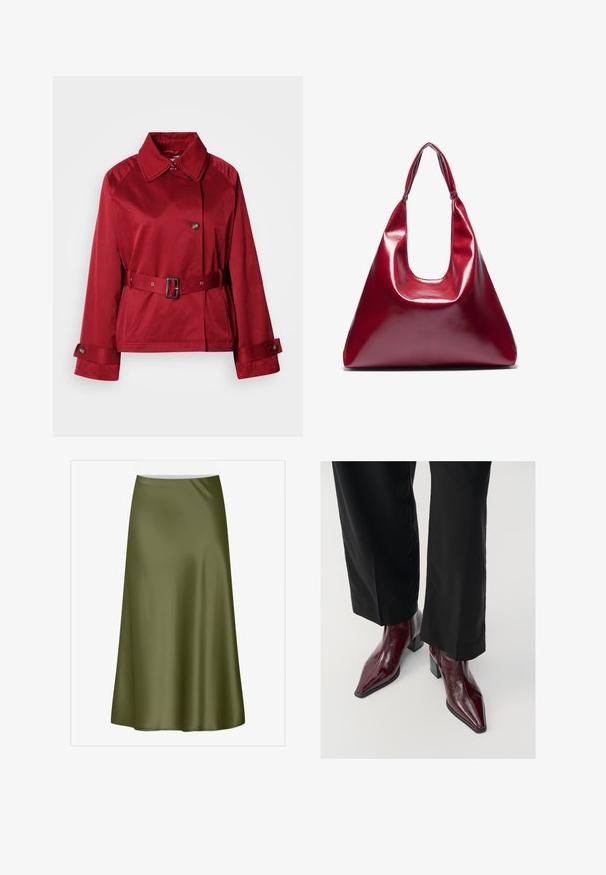 Rdeča jakna z pasom, s ovratnim izrezom, velikim sprednjim gumbom in strukturiranimi rokavi. Narejena iz gladkega blaga z elegantnim zaključkom.; Rdeča kratkodlana majica s preklopnim dizajnom, z nabranimi detajli na strani in gladko, mehko teksturo tkanine.; Olive zelena, krila do kolen iz satena z gladko teksturo in nežnim zvonom. Ima pas in ni vidnih zapenjanj ali vzorcev.; Burgundski lakirani usnjeni gležnjarji s konicami, masivnim petami in teksturirano površino, v kombinaciji s črnimi širokimi hlačami.; Rdeča sijoča usnjena torbica v trikotni obliki, širokim vrhnjim odprtjem in enim ukrivljenim ročajem. Gladka textura z minimalnimi šivi.; Set dvanajstih uhvorov v srebrnih in zlatih odtenkih. Vključuje zvite, gladke in teksturirane modele v različnih velikostih in končnih obdelavah.