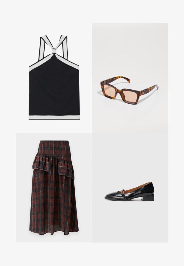 Red, belted jacket with a collared neckline, large front button, and structured sleeves. Made of smooth fabric with a sleek finish.; Black halter top with white accents, featuring a knotted back design, a textured finish, and a fitted silhouette. Simple and modern.; Black pinstriped top with thin shoulder straps, featuring a button front and two side pockets, made of a smooth fabric.; Maxi skirt in dark red and black checkered pattern, featuring layered ruffles at the waist, made from lightweight fabric with a soft texture.; Black patent leather low-heeled shoes with a pointed toe and a decorative strap featuring a circular silver buckle. Flat block heel.; Square sunglasses with a tortoiseshell pattern, featuring rose-colored lenses and sleek arms. Metal logo detail on one side.