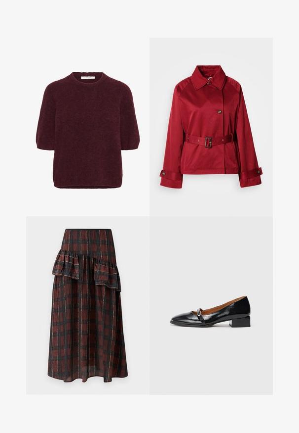 Červená s opaskom bunda s golierom, veľkým predným gombíkom a štruktúrovanými rukávmi. Vyrobená z hladkej látky s lesklým povrchom.; Krátky rukáv, tmavočervený chlpatý sveter s okrúhlym výstrihom, vyrobený značkou Gestuz, vystavený na bielom pozadí.; Maxi sukňa v tmavočervenej a čiernej kockovanej vzore, ktorá má vrstvené volány v páse, vyrobená z ľahkého materiálu s jemnou textúrou.; Čierne lakované nízkopočtové topánky s špicatou špičkou a dekoratívnym pásikom s okrúhlou striebornou sponou. Ploché blokové podpätky.