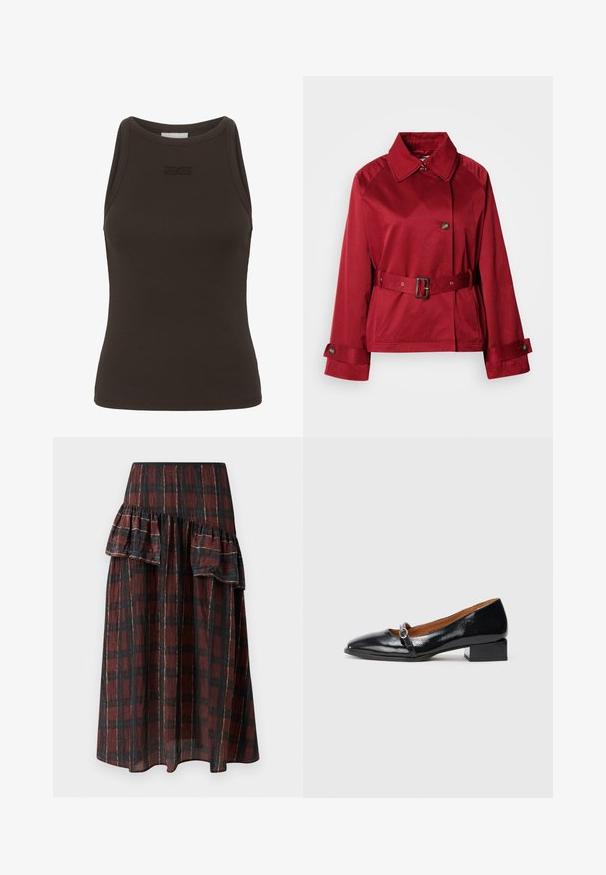 Casaco vermelho com cinto, gola com colarinho, botão grande na frente e mangas estruturadas. Feito de tecido suave com um acabamento elegante.; Top sem mangas de malha castanho com decote alto, apresentando um logotipo subtil na área do peito. Feito de um tecido elástico.; Saia maxi em padrão xadrez vermelho escuro e preto, com camadas de babados na cintura, feita de um tecido leve com uma textura suave.; Sapatos de pele sintética preta com salto baixo, com bico pontiagudo e uma faixa decorativa com uma fivela circular prateada. Salto quadrado e plano.