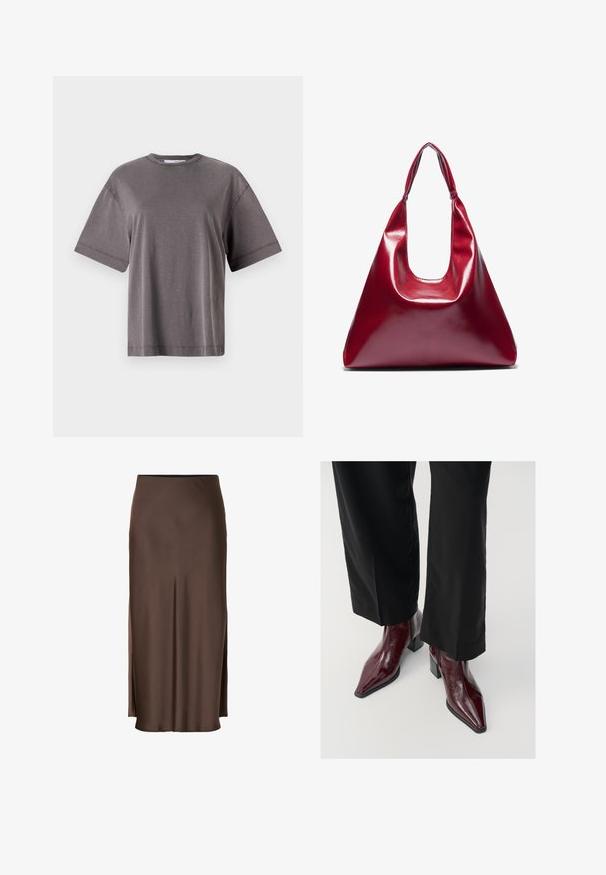 Piros övvel ellátott dzseki galléros nyakkal, nagy elülső gombbal és formázott ujjal. Simább anyagból készült, amelynek elegáns felülete van.; Szürke, rövid ujjú póló, kerek nyakkivágással, laza fazonban és sima, puha textúrával. Nincsenek látható minták vagy díszítések.; Barna selyemszoknya egyenes vonalvezetéssel, oldalhasítékokkal a szabad mozgás érdekében, sima textúrával az anyag teljes felületén.; Burgundy lakkbőr bokacsizma hegyes orral, vastag sarokkal és texturált felülettel, fekete, széles szárú nadrággal párosítva.; Piros fényes bőrtáska háromszögletű formával, széles felső nyílással és egyetlen ívelt fogantyúval. Sima felület, minimális varrási részletekkel.; Tizenkét darabból álló fülgyűrű készlet ezüst és arany árnyalatokban. Csavarodott, sima és texturált mintázatokat ölel fel, különböző méretekben és felületekkel.