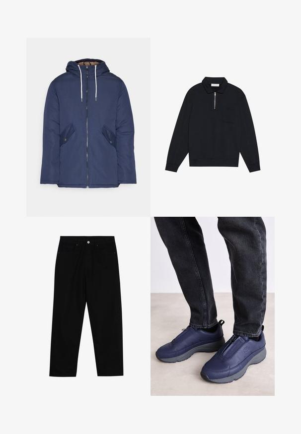 Mornarsko modra podložena jakna s kapuco, ki ima sprednji zadrgo, dva stranska žepa s gumbi in bele vrvice.; Pier One Športni pulover - black; Črne denim hlače z ravnim krojem, petimi žepi in sprednjim gumbom. Gladka tekstura z minimalnimi šivi.; Lacoste AUDYSSOR ZIP  - Športni copati - navy/dark gray