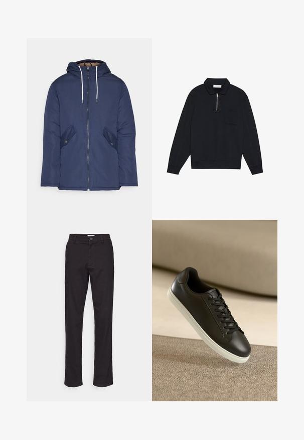 Marineblau gepadded Jacke mit Kapuze, ausgestattet mit einem Reißverschluss vorne, zwei seitlichen Taschen mit Knöpfen und weißen Kordeln.; Pier One Sweatshirt - black; Schwarze Baumwollhose mit geradem Bein, ausgestattet mit einem vorderen Knopfverschluss und seitlichen Taschen. Glatte Textur und minimale Details.; Schwarzer Ledersneaker mit weißer Gummisohle und schwarzen Schnürsenkeln, platziert auf einer beigen Stoffoberfläche und im Hintergrund.