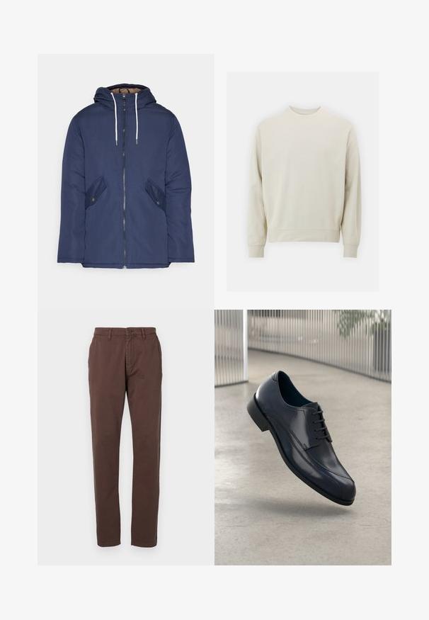 Granatowa pikowana kurtka z kapturem, z zamkiem z przodu, dwoma bocznymi kieszeniami z guzikami oraz białymi sznurkami.; Jasnobeżowa bluza wykonana z miękkiego materiału, z okrągłym dekoltem, długimi rękawami oraz ściągaczami przy mankietach i hemie. Minimalistyczny design, bez widocznych wzorów.; Brązowe bawełniane chinosy z prostymi nogawkami, z zapięciem na guziki z przodu i bocznymi kieszeniami. Gładka tekstura o klasycznym kroju.; Lśniący czarny skórzany but na obcasie z sznurówkami, unoszący się nad gładką, jasnoszarym podłogą oraz pionowymi metalowymi prętami w tle.