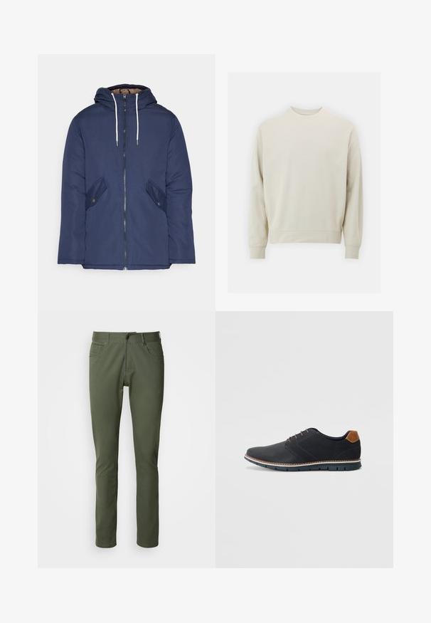 Giacca imbottita blu navy con cappuccio, dotata di zip frontale, due tasche laterali con bottoni e lacci bianchi.; Felpa beige chiaro realizzata in morbido tessuto con collo rotondo, maniche lunghe e polsini e orlo a costine. Design minimalista, senza motivi visibili.; Pantaloni verde oliva realizzati in cotone misto, con una vestibilità dritta classica, cinque tasche e chiusura con bottone metallico. Texture liscia.; Scarpe sintetiche nere con tomaia testurizzata, dettagli lisci, tacco marrone e suola a contrasto. Presentano una lacerazione minimale e dettagli di cucitura.