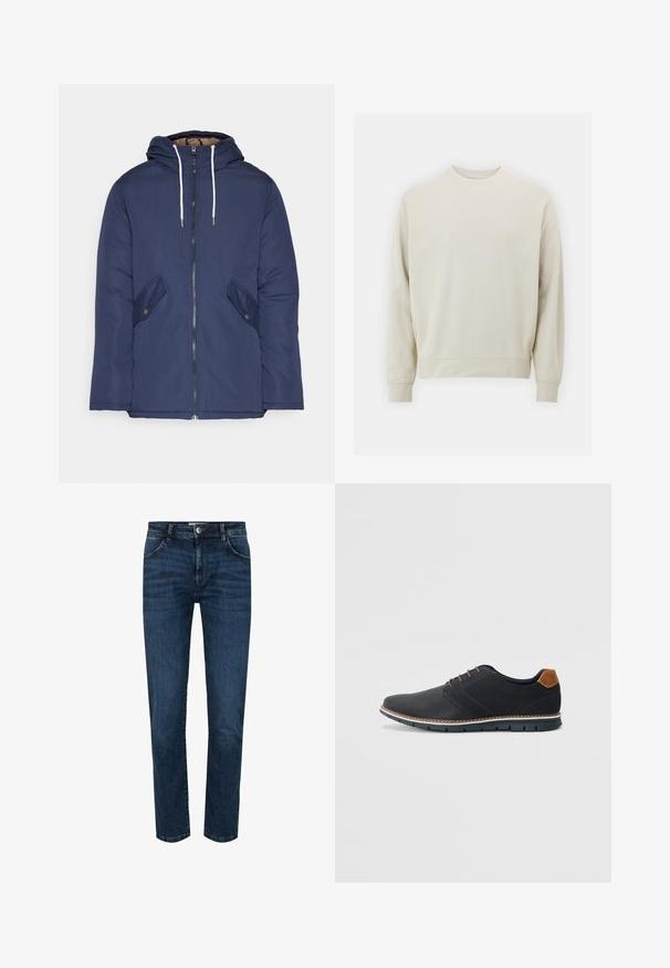 Navy plava podstava jakna s kapuljačom, koja ima prednji patentni zatvarač, dva bočna džepa s gumbima i bijele špage.; Svijetlosmeđa majica s dugim rukavima izrađena od mekanog materijala, s okruglim izrezom i rebrastim manžetama i rubom. Minimalistički dizajn, bez vidljivih uzoraka.; Tamno plave traperice s ravnim krojem, dizajnom s pet džepova i dugmetima. Ojačani šavovi duž šavova i blagi efekt izbljeđivanja.; Crne sintetičke cipele s teksturiranim gornjim dijelom, glatkim akcentima, smešnim petom i kontrastnom potplatom. Imaju minimalne vezice i detalje šivanja.