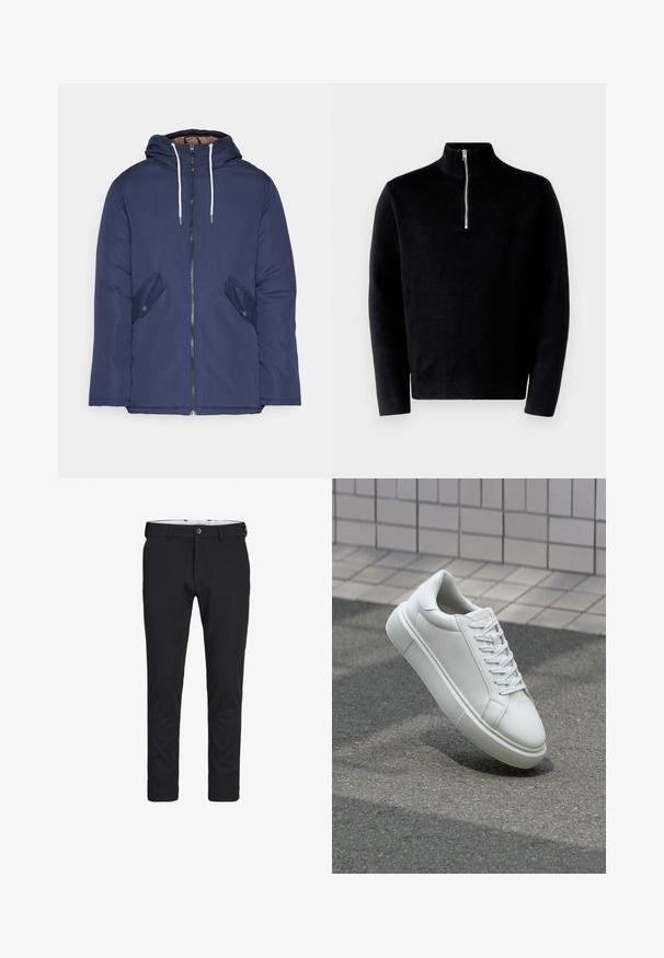 Casaco acolchoado azul-marinho com capuz, apresentando um fecho frontal com zíper, dois bolsos laterais com botões e cordões brancos.; Pulôver preto com gola alta e fecho de correr a meia altura. Feito de tecido canelado, apresenta mangas longas e uma textura suave.; Calças de stretch pretas com frente lisa, passantes para cinto e fecho de um único botão. O material é suave, com um ajuste perfeito e pernas ajustadas.; Tênis de couro branco com superfície lisa, bico redondo e cadarços brancos planos. Apresenta uma sola de borracha texturizada e elementos de design minimalistas.