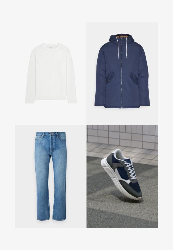 Chaqueta acolchada de color azul marino con capucha, cuenta con un cierre frontal de cremallera, dos bolsillos laterales con botones y cordones blancos.; Camiseta de algodón blanca de manga larga con cuello redondo, dobladillo recto y diseño minimalista. Textura suave, sin patrones ni acentos.; Jeans de mezclilla azul claro con corte recto, que cuentan con un diseño clásico de cinco bolsillos, cierre de botón y costuras en contraste.; Zapatillas con una parte superior de malla azul marino, detalles en gamuza gris, suela de goma blanca y cordones blancos planos, diseñadas para la comodidad y transpirabilidad.