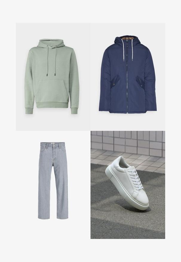Jūrinė mėlyna pūkinė striukė su kapišonu, turinti priekinį užtrauktuką, dvi šonines kišenes su sagomis ir baltus raiščius.; Jack & Jones JJEBRADLEY HOOD - Sportinis megztinis - iceberg green; Šviesiai mėlynos džinsinės kelnės su laisvu siluetu, tiesiomis kojomis, matomomis siūlėmis, dviem priekiniams kišenėmis ir mygtukų užtrauktuku.; Balti odiniai sportbačiai su lygiu paviršiumi, apvalia nosimi ir plokščiomis baltomis raištelėmis. Yra tekstūruotas gumos padas ir minimalizmas dizaino elementuose.