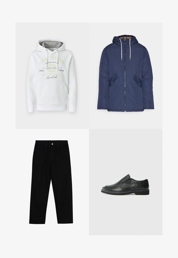 Veste matelassée bleu marine avec capuche, dotée d'une fermeture éclair à l'avant, de deux poches latérales avec boutons et de cordons de serrage blancs.; Hoodie blanc en tissu doux avec une poche frontale, doté d'une capuche doublée grise et d'un logo de marque imprimé en vert et noir.; Pantalons en denim noir avec une coupe droite, un design à cinq poches et une fermeture à bouton à l'avant. Texture lisse avec des détails de couture minimaux.; Chaussure slip-on en cuir noir avec une tige lisse, des accents cousus, un bout arrondi et un petit talon en caoutchouc. La semelle présente un profil de traction minimal.