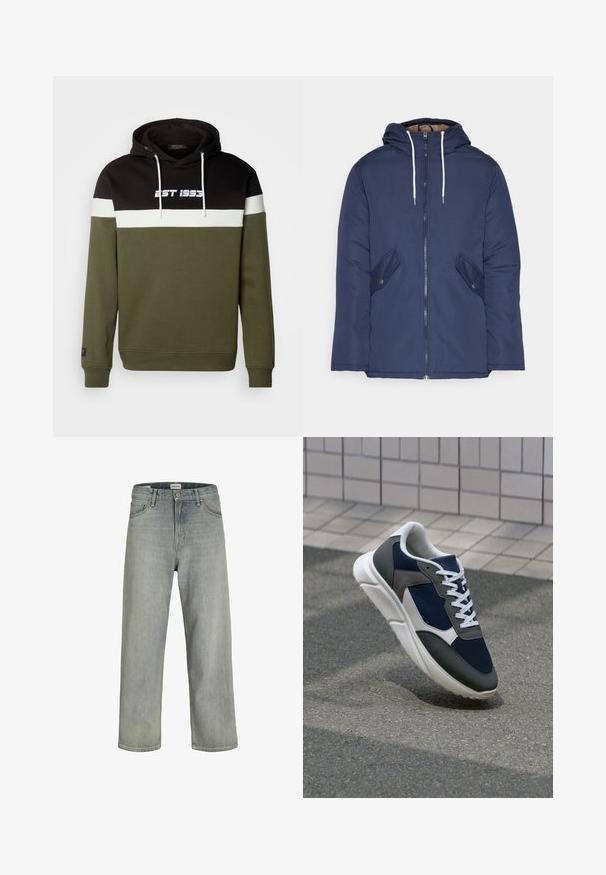 Marineblå polstret jakke med hette, med glidelås foran, to sidelommer med knapper og hvite snorer.; Hettegenser med svarte, hvite og olivengrønne paneler, med fronttekst "EST 1995" og snordetaljer. Blandingsstoff av bomull.; Lys grå, løstsittende jeans laget av denim. Har en klassisk fem-lomme-design, beltehemper og en rett ben-silhuett.; Sneakers med en navy blå mesh-overdel, grå sømværk, hvit gummisåle og flate hvite snører, designet for komfort og pusteevne.