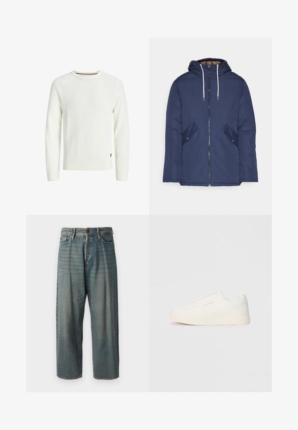 Navy plava podstava jakna s kapuljačom, koja ima prednji patentni zatvarač, dva bočna džepa s gumbima i bijele špage.; Bijela rebrasta pletena dolčevita s dugim rukavima, okruglim izrezom i malom oznakom s boka. Tekstura tkanine dodaje vizualni interes.; Svijetloplave traperice s širokim krojem, srednjim pojasom i ravnim nogavicama. Ima pet džepova, petlje za remen i kopčanje na gumb.; Bijele slip-on tenisice s teksturiranom površinom, debelim đonom i minimalističkim dizajnom. Sadrže logo branda sa strane.