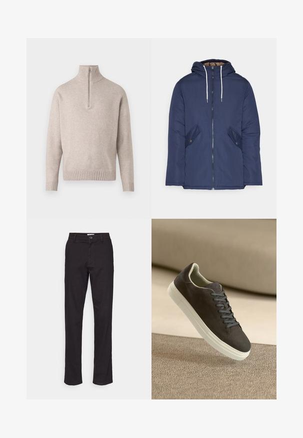 Marineblå polstret jakke med hette, med glidelås foran, to sidelommer med knapper og hvite snorer.; Beige quarter-zip genser i myk strikket stoff. Har ribbestrikket krage og mansjetter, med en avslappet passform og sømløs design.; Sorte bomullsbukser med rett ben-design, med frontknapplukking og sidelommer. Glatt tekstur og minimalistiske detaljer.; Mørkegrå semsket sneakers med matchende snørebånd og hvit gummisåle, plassert over en teksturert beige overflate med myk bakgrunn.