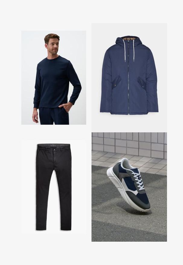 Giacca imbottita blu navy con cappuccio, dotata di zip frontale, due tasche laterali con bottoni e lacci bianchi.; Maglietta a maniche lunghe blu navy realizzata in tessuto morbido, con collo a giro. Polsini a coste e vestibilità rilassata. Abbinata a pantaloni coordinati.; Chinos neri in cotone con vestibilità affusolata, dotati di cinque tasche, passanti per cintura e una superficie liscia. Chiusura con zip e bottone.; Sneaker con tomaia in rete blu navy, inserti in suede grigio, suola in gomma bianca e lacci bianchi piatti, progettata per comfort e traspirabilità.