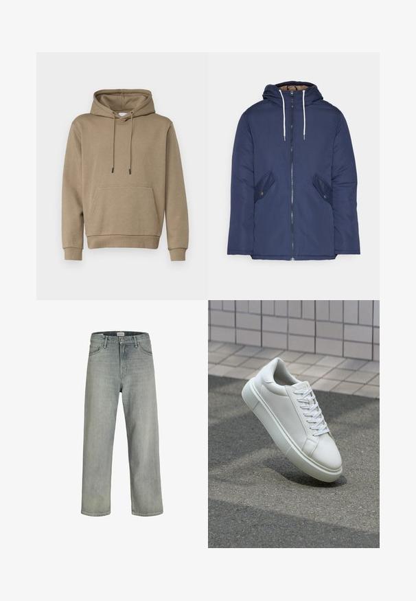 Námorně modrá prošívaná bunda s kapucí, která má přední zip, dvě boční kapsy s knoflíky a bílé šňůrky.; Kapuce mikina ve světle hnědé barvě, vyrobená z měkké tkaniny. Obsahuje přední kapsu a vroubkované manžety. Jednoduchý design s šňůrkami.; Svetle šedé, volné džíny z denimu. Mají klasický design se pěti kapsami, poutky na opasek a rovný siluetu nohavic.; Bílé kožené tenisky s hladkým povrchem, kulatou špičkou a plochými bílými tkaničkami. Disponují texturovanou gumovou podrážkou a minimálními designovými prvky.
