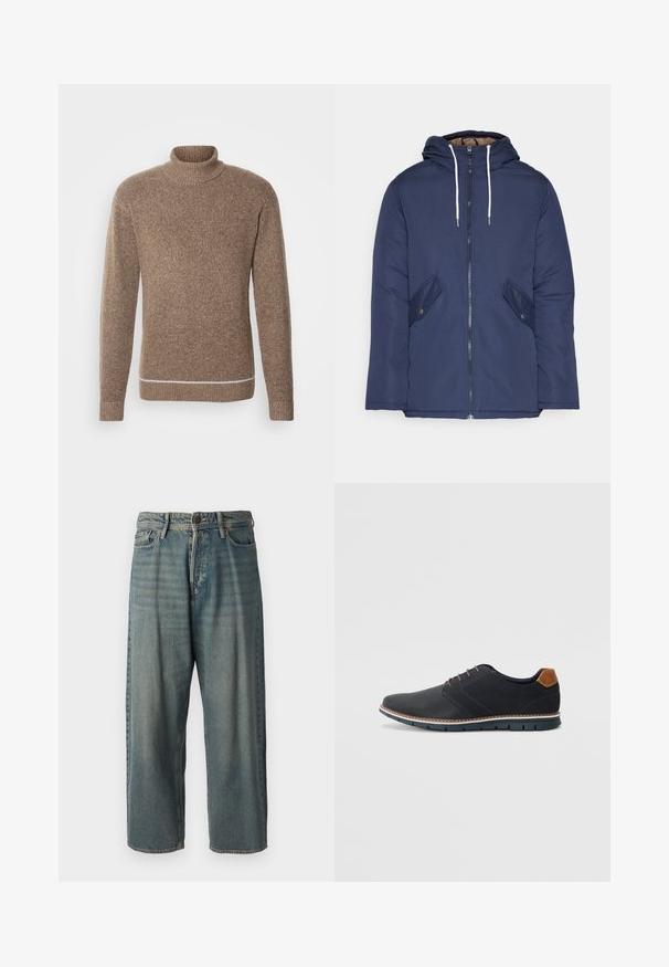 Mornarsko modra podložena jakna s kapuco, ki ima sprednji zadrgo, dva stranska žepa s gumbi in bele vrvice.; INDICODE JEANS Pulover - otter; Svetlomoderne kavbojke z ohlapnim krojem, srednjim pasom in ravnimi nogami. Imajo pet žepov, zanke za pas in zapiranje na gumb.; Črne sintetične čevlje z teksturirano zgornjščino, gladkimi akcenti, rjavim petnim delom in kontrastnim podplatom. Imajo minimalno vezanje in detajle šivanja.