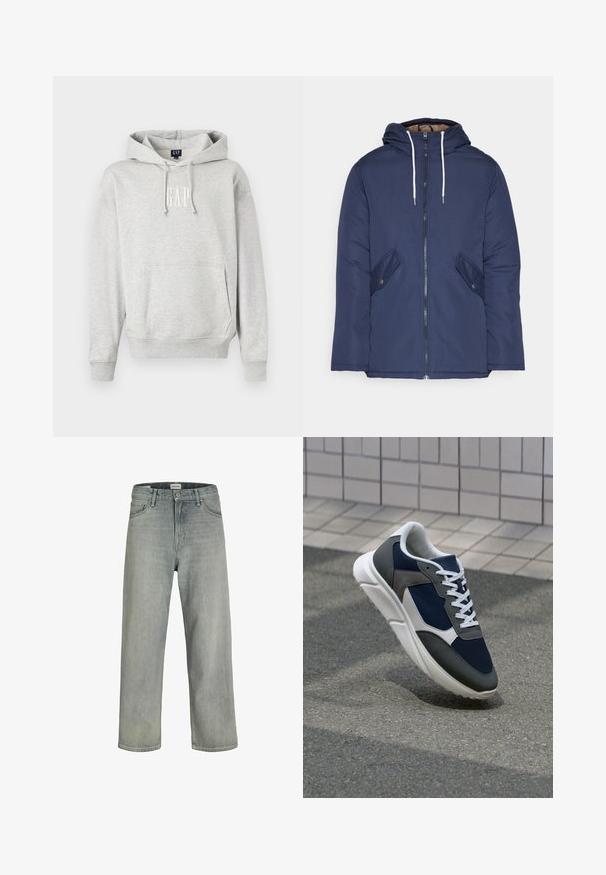 Giacca imbottita blu navy con cappuccio, dotata di zip frontale, due tasche laterali con bottoni e lacci bianchi.; Felpa grigia con cappuccio, caratterizzata da una tasca frontale e dal logo 'GAP' in bianco. Tessuto morbido con polsini e orlo a costine. Design casual con cordini.; Jeans grigi chiaro, con vestibilità comoda, realizzati in denim. Presentano un classico design a cinque tasche, passanti per cintura e una silhouette a gamba dritta.; Sneaker con tomaia in rete blu navy, inserti in suede grigio, suola in gomma bianca e lacci bianchi piatti, progettata per comfort e traspirabilità.
