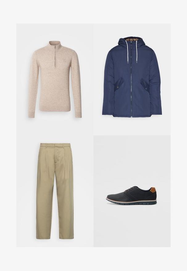 Granatowa pikowana kurtka z kapturem, z zamkiem z przodu, dwoma bocznymi kieszeniami z guzikami oraz białymi sznurkami.; INDICODE JEANS - Sweter; Beżowe, wysokie spodnie o prostym kroju, z płaskim przodem, bocznymi kieszeniami i gładkim, teksturowanym materiałem.; Czarne syntetyczne buty z fakturowaną cholewką, gładkimi akcentami, brązowym obcasem i kontrastującą podeszwą. Charakteryzują się minimalnym sznurowaniem i detalami w szwach.