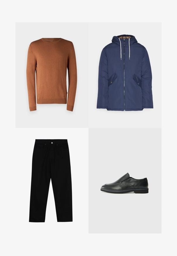 Chaqueta acolchada de color azul marino con capucha, cuenta con un cierre frontal de cremallera, dos bolsillos laterales con botones y cordones blancos.; Jersey marrón de punto con cuello redondo, mangas largas, puños y dobladillo acanalados, que presenta una textura suave y un diseño sencillo.; Pantalones de mezclilla negra con corte recto, diseño de cinco bolsillos y cierre frontal con botón. Textura suave con detalles de costura mínimos.; Zapato negro de cuero sin cordones con un upper suave, detalles de costura, punta redonda y un bajo tacón de goma. La suela presenta una tracción mínima.