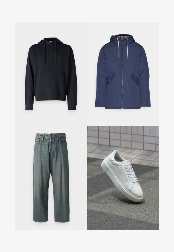Námornícky modrá vystužená bunda s kapucňou, so zipsom vpredu, dvomi bočnými vreckami s gombíkmi a bielymi šnúrkami.; Čierna mikina s kapucňou vyrobená z bavlnenej zmesi, s klokankovým vreckom, nastaviteľnými šnúrkami a rebrovanými manžetami a spodným lemom. Jednoduchý dizajn.; Svetlomodré denimové nohavice so voľným strihom, stredne vysokým pásom a rovnými nohavicami. Obsahujú päť vreciek, pútka na opasok a zapínanie na gombík.; Biele kožené tenisky s hladkým povrchom, okrúhlym špičkou a plochými bielymi šnúrkami. Obsahuje štruktúrovanú gumovú podrážku a minimalistický dizajn.