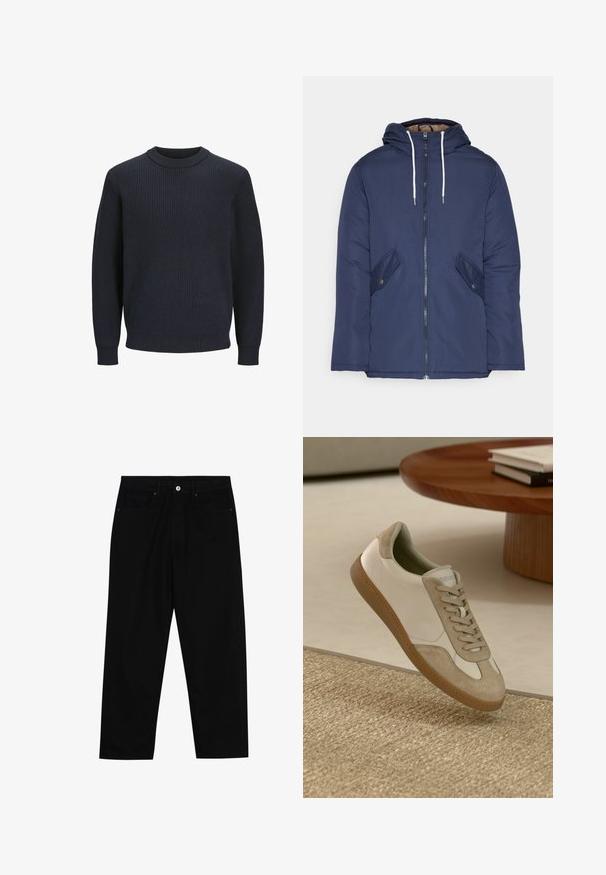 Jūras zila pufīgā jaka ar kapuci, kas aprīkota ar priekšējo rāvējslēdzēju, divām sānu kabatām ar pogām un baltiem aukliņām.; Jūras spēku zilo ribu adījuma džemperis ar apaļu kakla izgriezumu un garām piedurknēm; raksturo teksturēta auduma un pieguļošs apakšmalas dizains.; Melni džinsi ar taisnu kāju griezumu, piecu kabatu dizainu un priekšēju pogu aizdari. Gluda tekstūra ar minimālu šuvju detaļu skaitu.; Vieglie sporta apavi ar baltu ādas virsu, beige zamša akcentiem, apaļu pirkstu un strukturētu brūnu gumijas zoli.