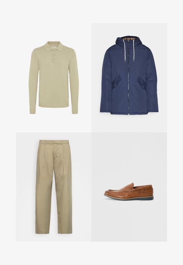 Marineblå polstret jakke med hette, med glidelås foran, to sidelommer med knapper og hvite snorer.; Beige langermet polo genser laget av ribbestrikket stoff med tre knappelukking og ribbestrikkede mansjetter og kant. Klassisk kragedesign.; Beige, høytlivs bukser med rett snitt, med flat front, sidelommer og et jevnt, strukturert stoff.; Brune skinnloafers med rund tå, broderte detaljer og såle i gummi. Designet har et bånd over vristen.